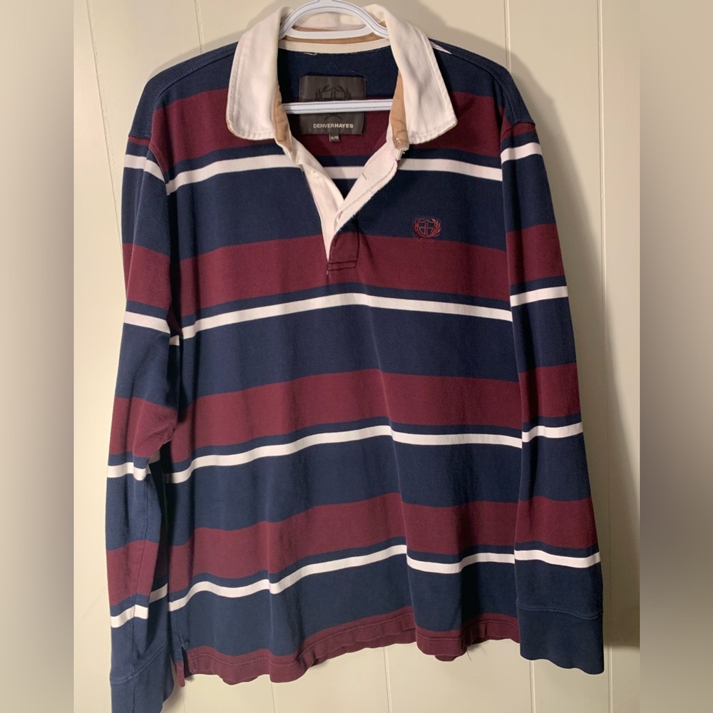 Denver Hayes Men's Long Sleeve Rugby Shirt - Navy and Burgundy